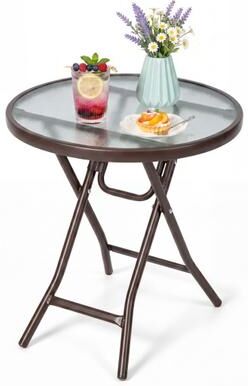 Costway 18 Inch Round Patio Side Table with Tempered Glass Top-Brown