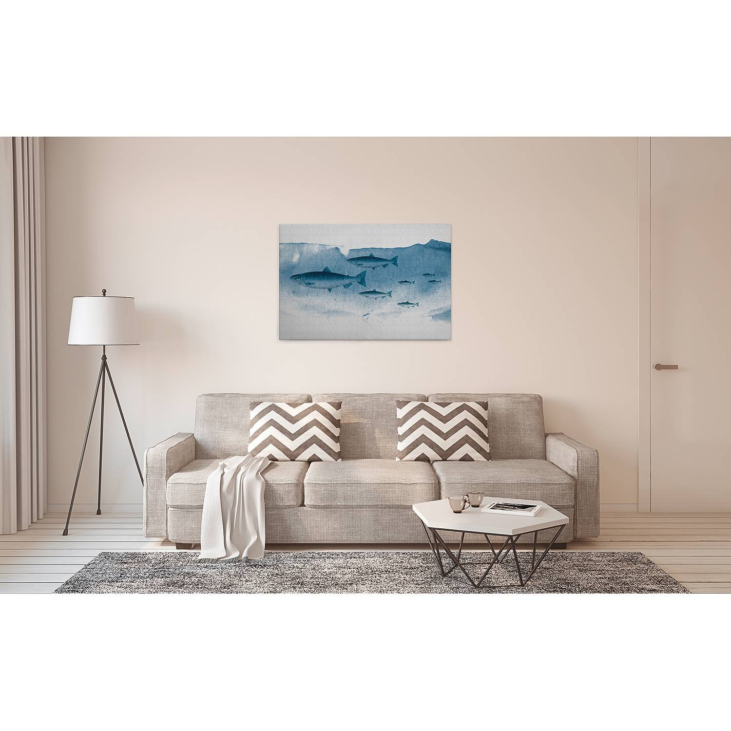 home24 Fishes Into The Blue wanddecoratie, blauw, 90 x 60 cm