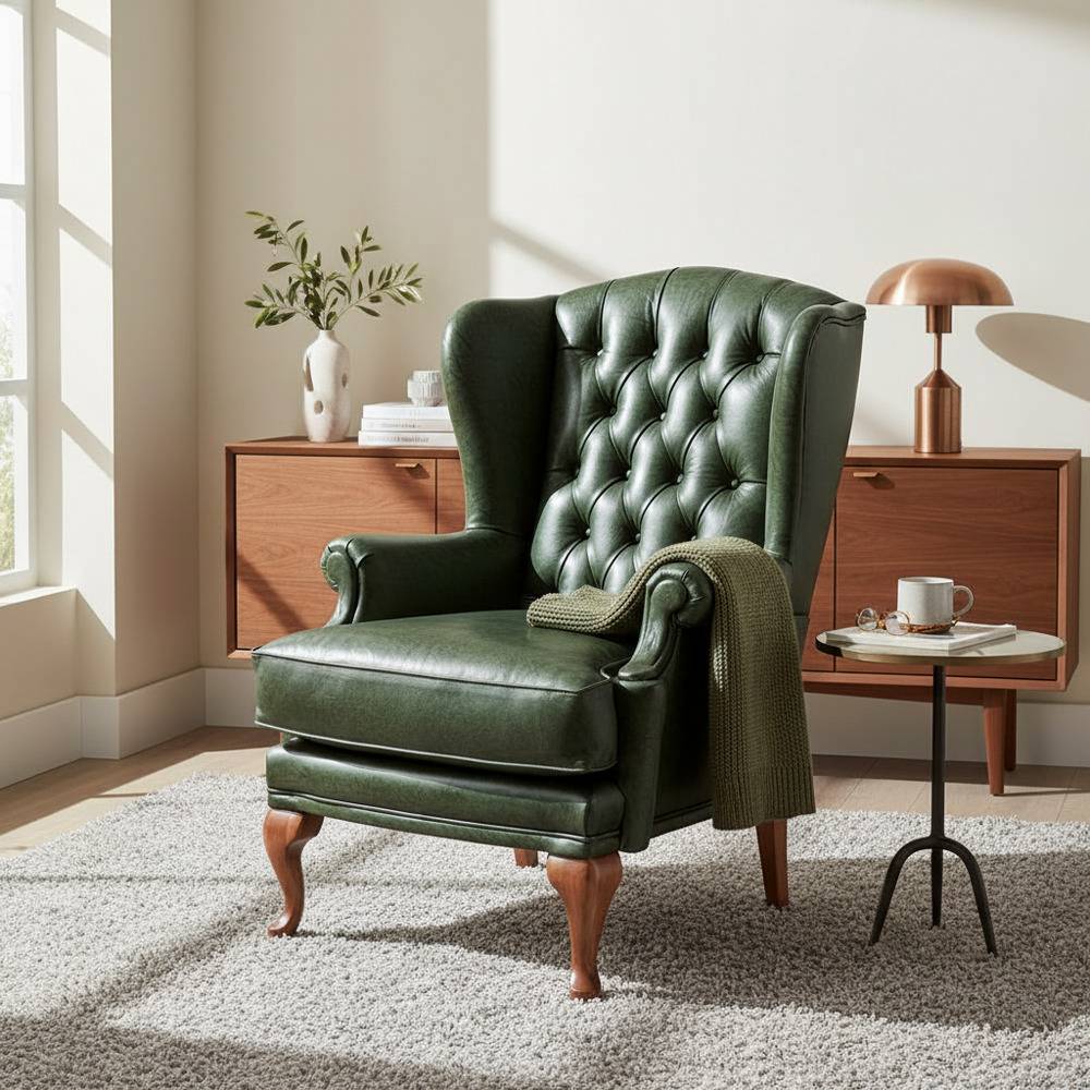 Pharao24.de Ledersessel Chesterfield in Oliv Grün 50 cm Sitzhöhe