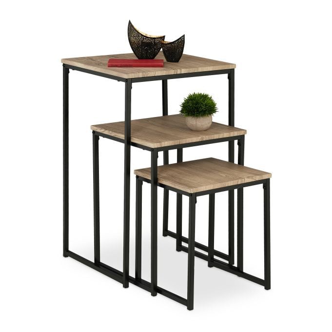 Relaxdays Bijzettafel set van 3, vierkant, grijs/zwart, metaal en houtlook