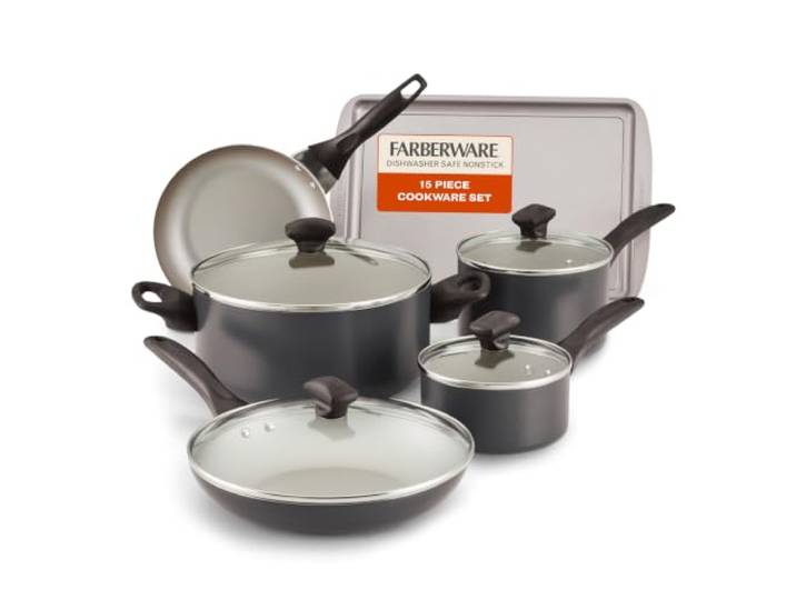 Farberware Antihaftbeschichtetes Aluminium-Topf- und Pfannenset, 15-teilig Spülmaschinenfestes Antihaft-Kochgeschirr-Set mit Deckel für das tägliche Kochen und einfache Reinigung, aus Zinn