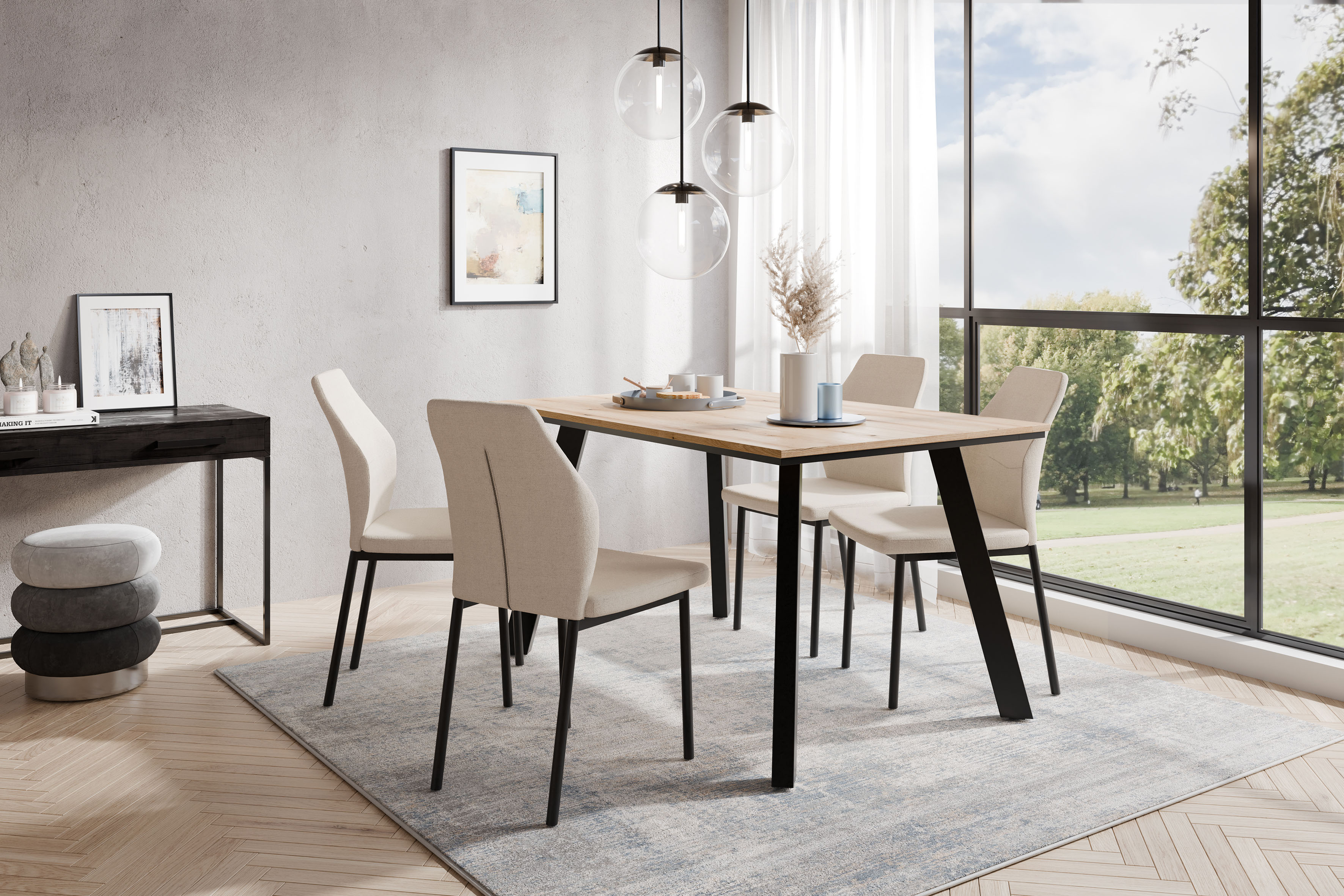 Essgruppe OTTO HOME "Genf Tischgruppe, Esstisch plus 4 Stühle", beige (eichefarben, creme), Webstoff, Sitzmöbel-Sets, Essgruppe, Küchentisch, 4 Stühle, moderne Tischplatte in eiche/schwarz