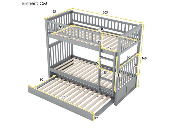 Lits Superposés avec Lit Gigogne 90X200 cm Lit Enfant Triples avec Escaliers Garde-Corps Haut Escalier Stable Amovible Gris