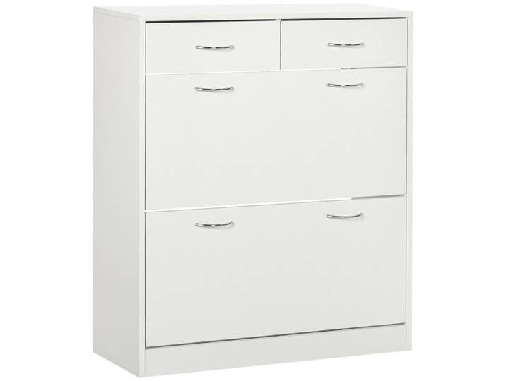 ComfortXL Schuhschrank De-14997 2 Klapptüren & 2 Schubladen Naturholz, Weiß, 80x91.5x30 cm, Garderobe, Schuhaufbewahrung, Schuhschränke
