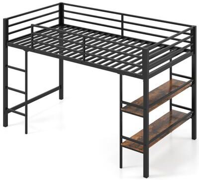 Costway Twin Size Low Loft Bed with Ladder and Storage Shelves Metal Frame for Boys Girls-Black