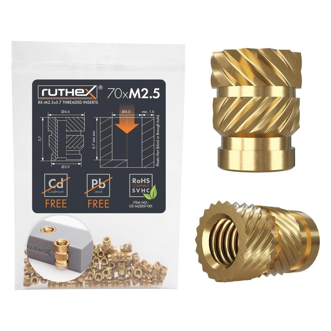 Ruthex M2,5 Gewindeeinsatz - 70 Stück RX-M2,5x5.7 Gewindebuchsen aus Messing (M2.5) (GE-M25x57-001)