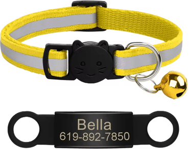 Inspire Picks Personalized Reflective Cat Collar With Engraved ID Nameplate & Bell yellow 341