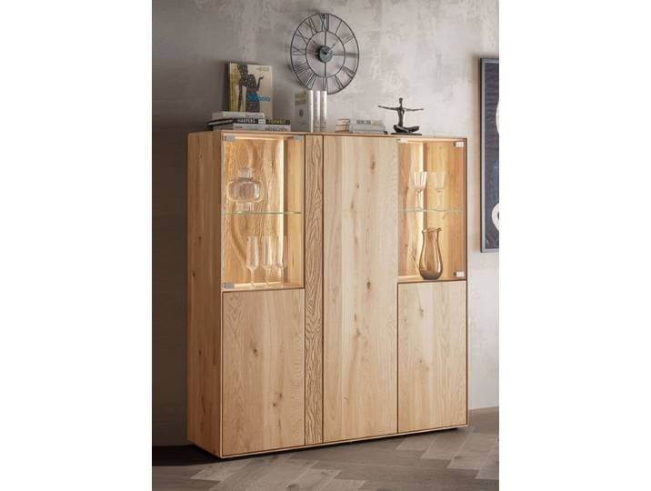 Highboard inkl. Beleuchtung 133x142cm 'Kingston' Wildeiche massiv