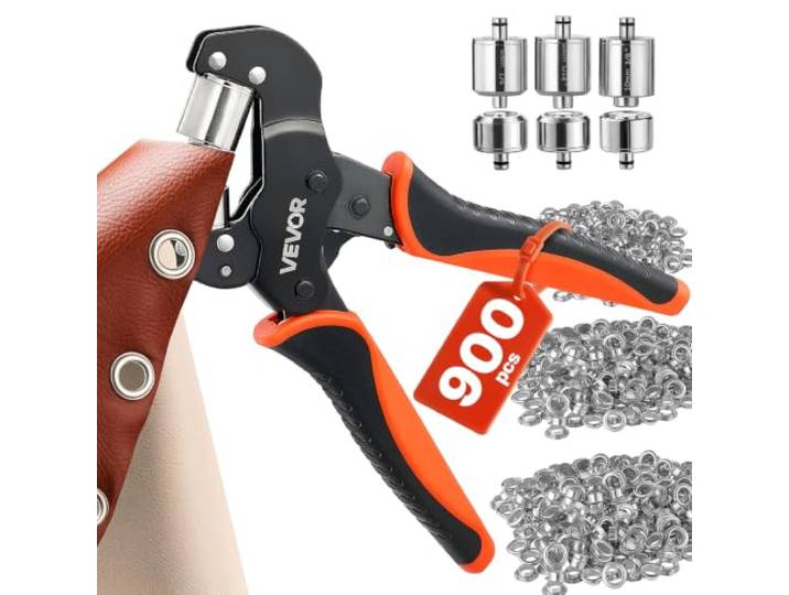 VEVOR Pince à Œillets 6 mm/8 mm/10 mm\, Kit d'Outils à Œillet 900 Pièces Rondelles et Œillets Métalliques\, Emporte-pièces\, Blocs\, Perforation pour Cuir\, Bâches\, Chaussures\, Tissus et DIY Loisirs