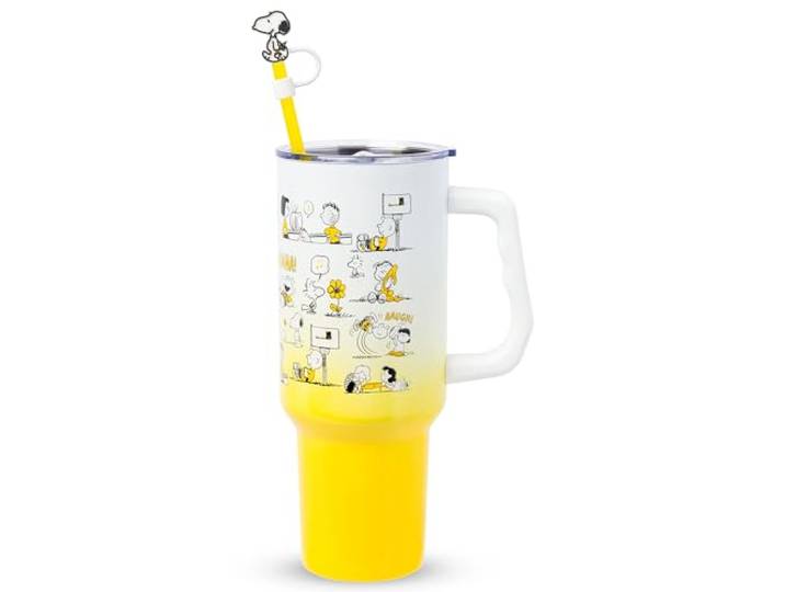Silver Buffalo Peanuts Multi Pose Trinkbecher aus Edelstahl mit Strohhalm, Deckel und Griff, Ombré-Muster, 1,2 l, Gelb