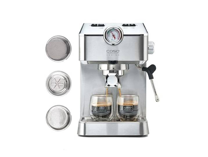 Caso Espresso Gourmet - Siebträgermaschine aus Edelstahl, leistungsstarke 19 bar Ulka-Pumpe, mit Milchaufschäumer, für Kaffeepulver oder ESE Kaffeepads, für 2 Tassen, mit Tassewärmeplatte
