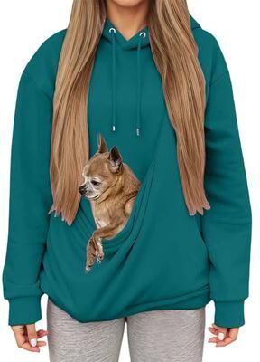 Uplifted Finds Autumn Winter Womens Hooded Sweatshirt With Pet Carrier Pocket Loose Fit Top l turquoise