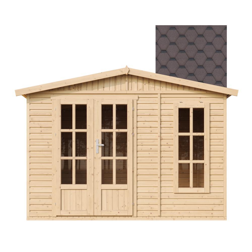 Gartenhaus Holz 6 m2 - H232 x 332 x 222 cm - Große multifunktionale Gartenhütte - Gerätehaus Holz Garten-Studio - Braun bituminöse Schindeln - TIMBELA M334FB+H334FBBROWN