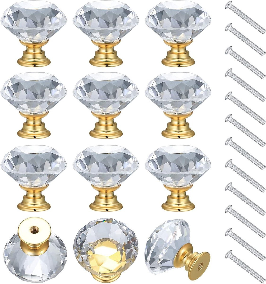 Set van 12 diamant geslepen kristallen handgrepen met goudkleurige ladeknopen voor het vernieuwen van meubels