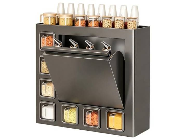LXRHLIKG Küchenhängeschränke, Kippfach-Design, 7 ABS-Gewürzbehälter Wandschrank Küche, Gewürzregal, Karbonstahl, Erhöhter Seitenschutz, Unterteilte Aufbewahrung, 37×10,5×41 cm(Gray)