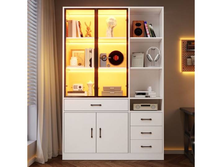 Vitrine haute avec LED 120x35x200 cm 13 espaces de rangement 4 tiroirs portes vitrées meuble de rangement blanc pour salon