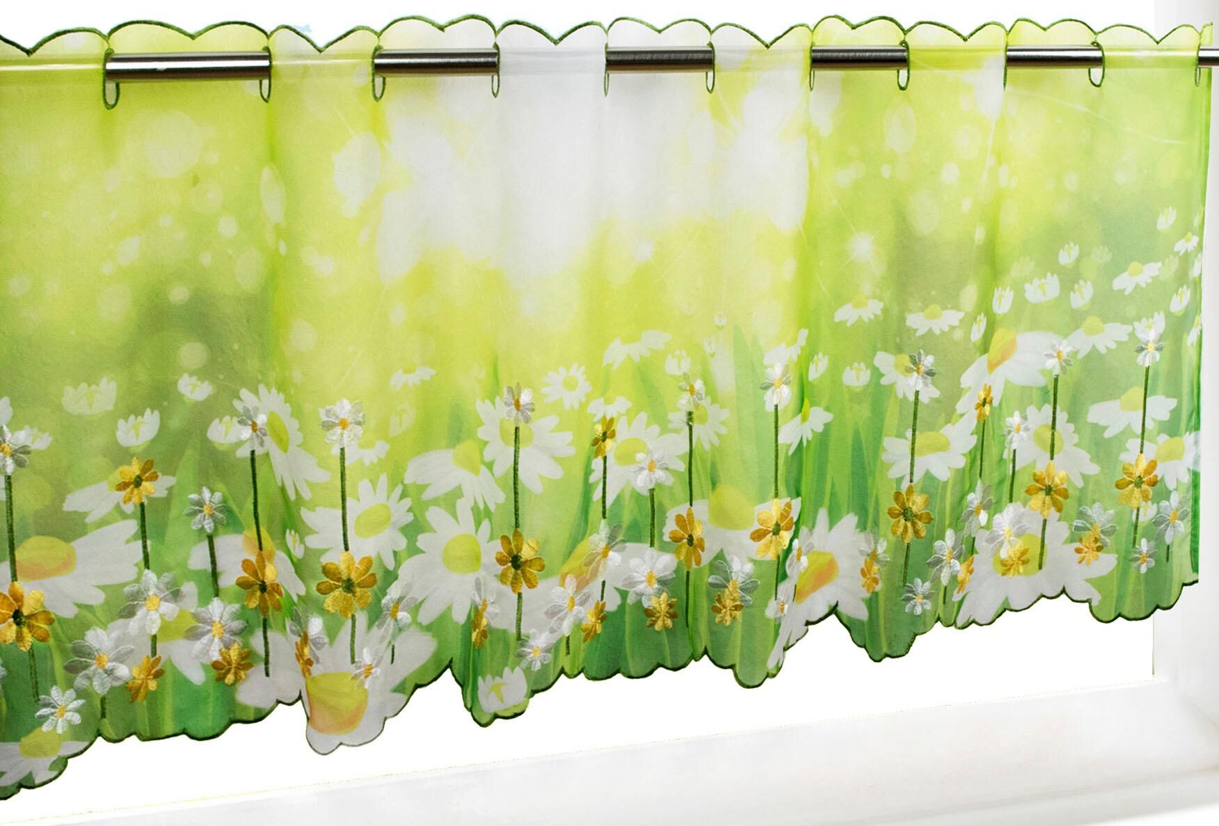 Scheibengardine DELINDO LIFESTYLE "Margeriten" Gr. 1, grün, B:115cm H:45cm, Voile, Polyester, Gardinen, Scheibengardine, zwei Grössen grün 45cm, Stangendurchzug, 115cm