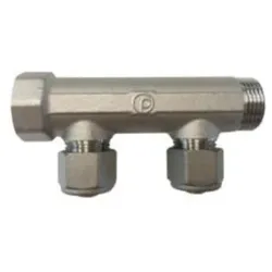 Pettinaroli, Zubehör Sanitärinstallation, TEA-beschichteter Messingverteiler 3⁄4" mit fester Muffe und 2 Abzweigungen für 16mm ALUpex. 1⁄2" Abzwei