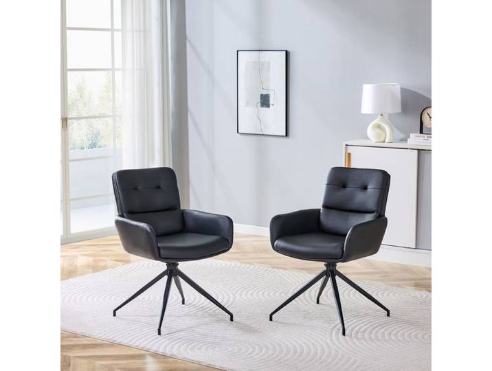 Chaise pivotante design luxe - Ensemble de 2 - Revêtement PU noir - Pieds métal noir - Pivotant à 360° - 55x50x85 cm