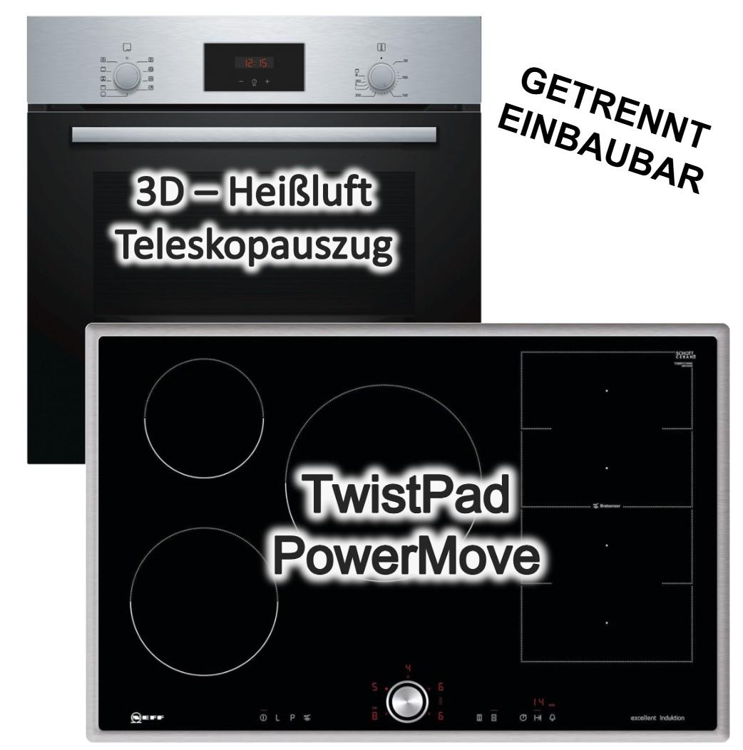 Herdset Bosch Einbaubackofen 3D-Heißluft Teleskopauszug + Neff Induktionskochfeld 80cm Flexinduktion TwistPad