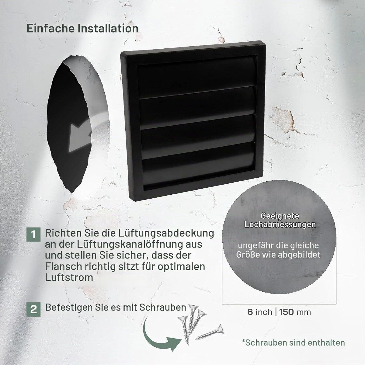 INF Edelstahl Lüftungsgitter 100MM mit Insektenschutz, selbstschließende Lamellen, schwarz