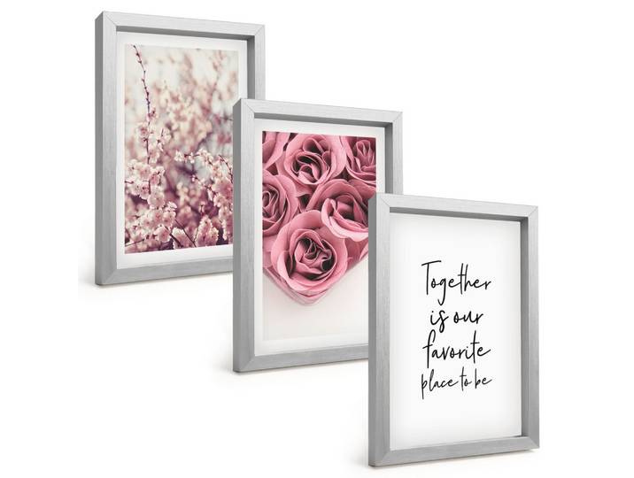 BILDER SET 3er Set - 20x30 cm Silberner Rahmen - Blumensträuße aus Rosen mit einer Inschrift