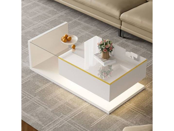 Table basse - OEM - 100 cm - Blanc brillant - Effet LED - Rectangulaire