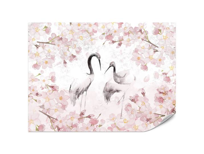 FOTOTAPETE Kraniche Kirschblüten Natur Aquarell 200x140