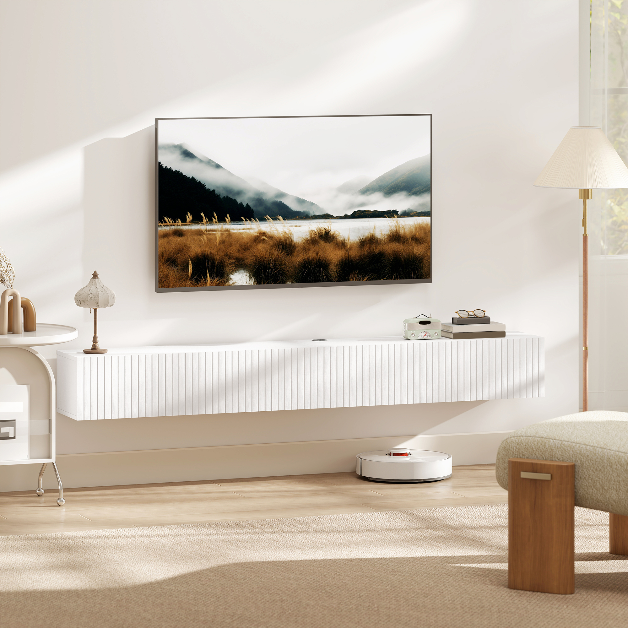 Homcom Mobile TV sospeso per TV fino a 182,88 cm, 2 ante ribaltabili, 180x25x22cm, bianco   Aosom Italy