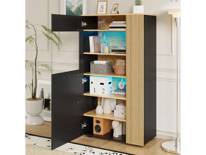 QLTXYHML Sideboard, 2 Türen, LED, 16 Farben, App-Steuerung, Glas und Holz
