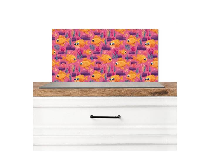 KitchenYeah Küchenrückwand Goldfisch - Koralle - Farbenfroh, (1-tlg), Küchen rückwand, Küchenwand Verkleidung, 90x60 cm