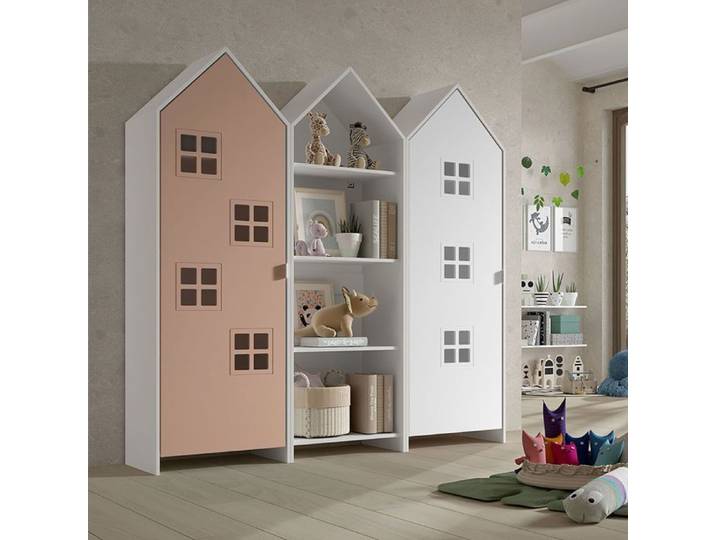 BEAUVILLE - Pack Bibliothèque + 2 Armoires Cabane Portes Blanche et Rose