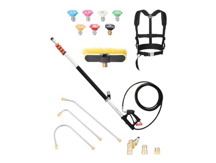 VEVOR Lance Télescopique pour Nettoyeur Haute Pression 6358 mm\, Baguette Pulvérisation Télescopique 4000 psi avec Rallonges\, Tête Brosse\, Coupleur Pivotant\, 7 Buses\, Harnais de Support\, pour Gouttière