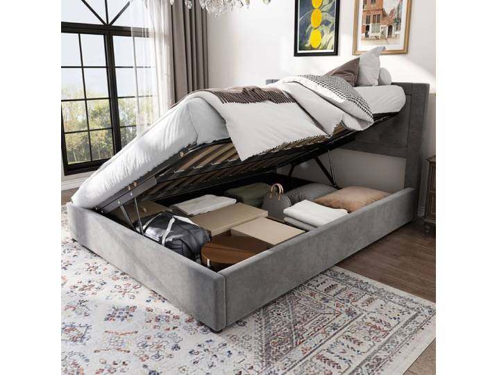 Lit double capitonné - SOGEU - Chesterfield - 140x200 cm - Coffre de rangement amovible - Velours gris