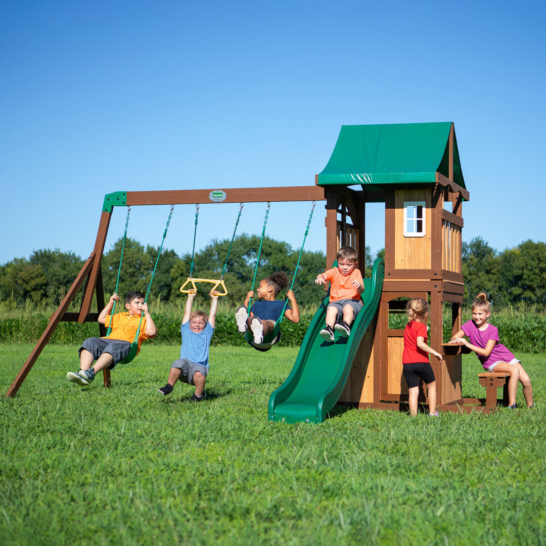 Backyard Discovery Lakewood Cedar Wooden Swing Set with 3 x Swings and 1 x Slide Green;Beige;Brown Wood