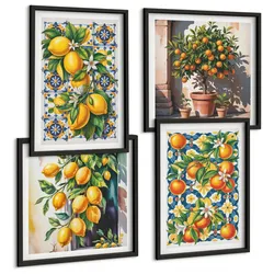 BILDER SET 4er Set - 50x50 cm & 40x60 cm Schwarzer Rahmen - Farbenfrohe abstrakte Zitrusfrüchte