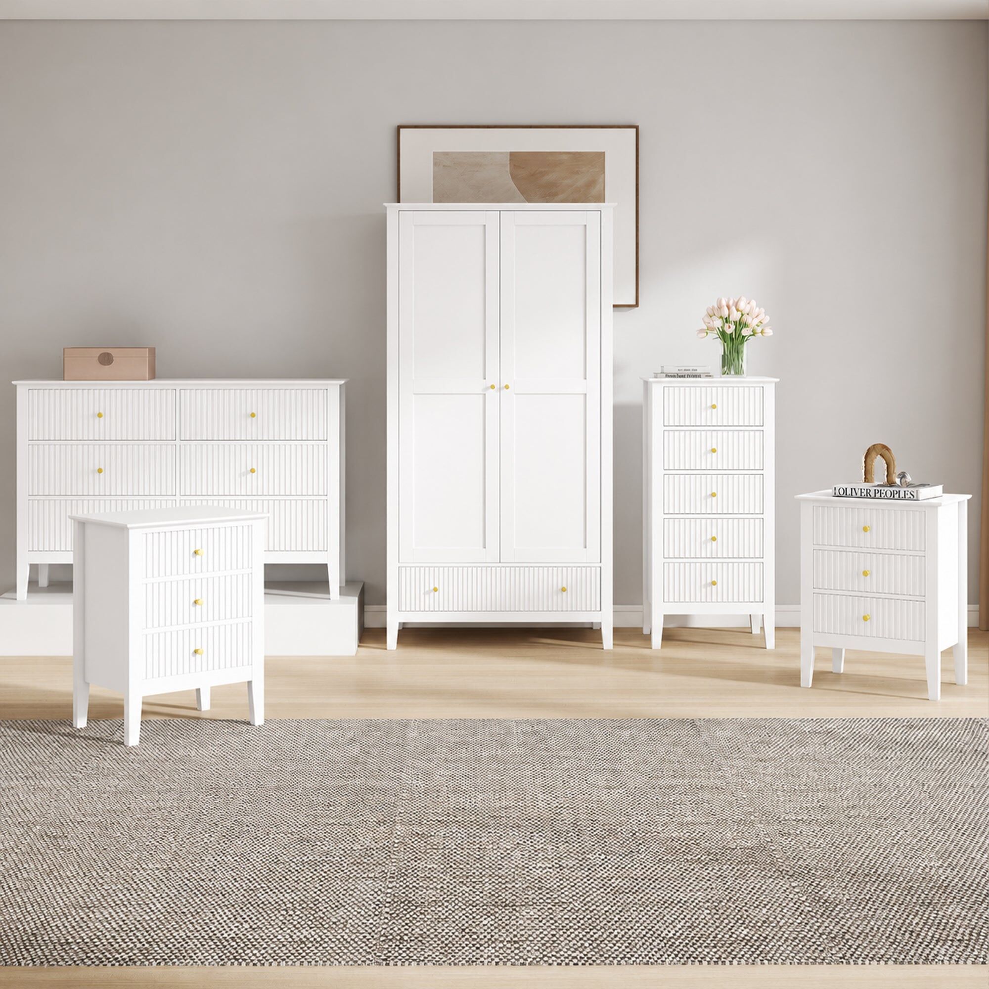 Double Wardrobe, 6 Drawer Chest of Drawers, Tall 5 Drawer Bedside Table and Pair of 3 Drawer Bedside Tables - Hales White Range Coated MDF, Metal
