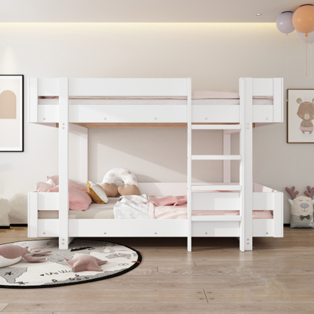 Kinder-Etagenbett, Doppelbett, Mit Treppe, Schlichtes Design, Verstärktes Geländer, ohne Matratze, 90*200cm, Weiß