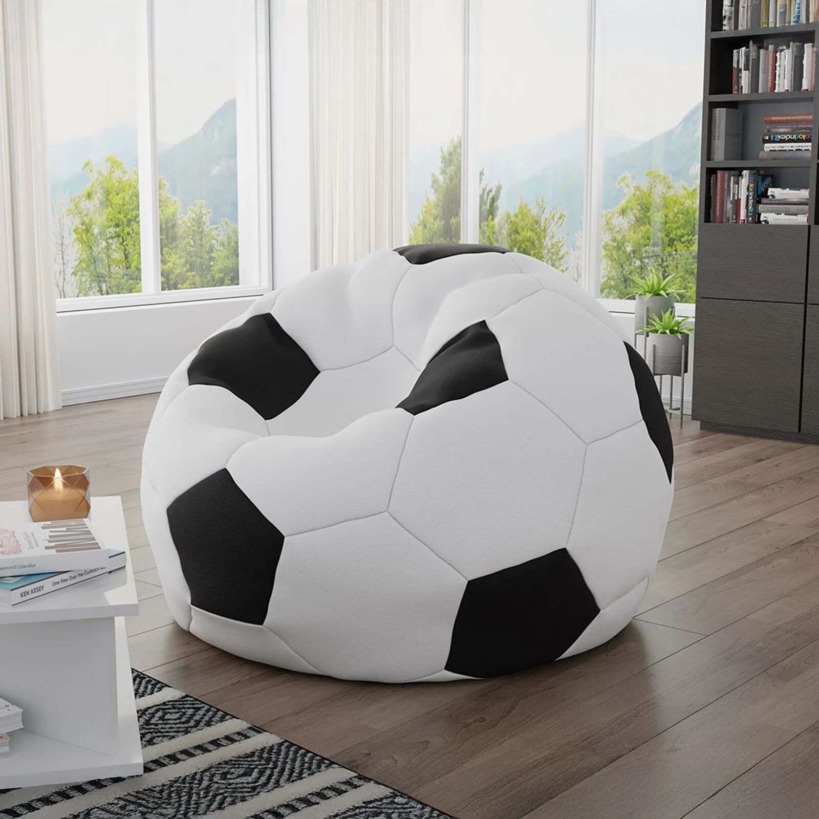 garneroarredamenti Pouf poltrona sacco palla da calcio ecopelle bianco nero Lionel