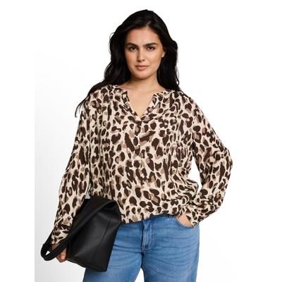 Langarmbluse TOM TAILOR PLUS, Damen, Gr. 54, braun beige leo print, Web, Obermaterial: 100% Viskose, bedruckt, normal hüftbedeckend, V-Ausschnitt, Bündchen, Blusen, Sommer Tunika im Leo-Look / Große Größen