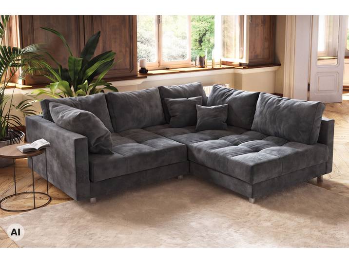 Ecksofa KENT 220cm grau Samt Federkern beidseitig aufbaubar mit Kissen L-Form Wohnzimmer Modern & Design