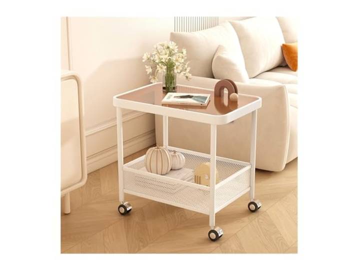 Rv2sGf3kH Küchenwagen Mobiler Beistelltisch, Doppellagiges Lagerregal mit Rollen, Glas-Snack-Lagerregal, mobiler Boden-Aufbewahrungswagen, Küchenwagen(Dark Brown)
