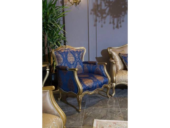 JVmoebel Polsterstuhl Samt Sofalounge Einsitzer in Blau-Gold, elegantes Polstermöbel (1 St), Made in Europa