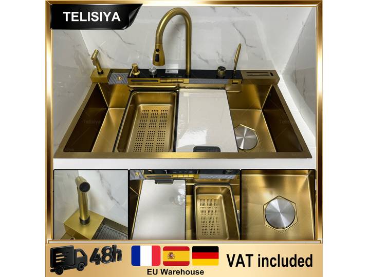 Évier de cuisine cascade en acier inoxydable 304, moderne et multifonctionnel, grand bac unique avec robinet à affichage numérique intégré
