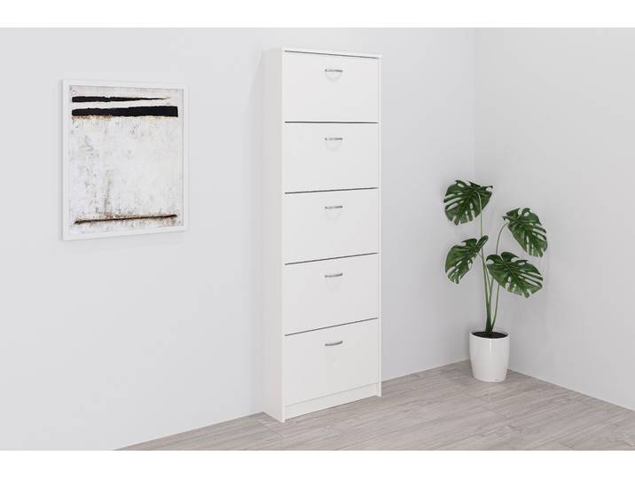 Schuhschrank FMD Step 5 , weiss (weiß), B:58,5cm H:168,5cm T:17cm, Holzwerkstoff, Schränke, Schuhschrank, Schuhkipper, 5 Schuhklappen, für schmale Flure, Tiefe: 17 cm