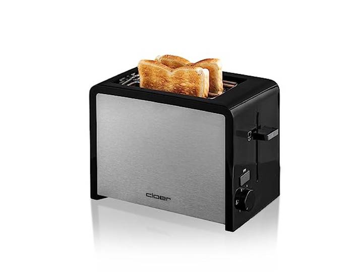 Cloer 3210 Broodrooster voor 2 sneden, 825 W, geïntegreerd opzetstuk voor broodjes, hefinrichting, Kruimellade, warmte-geïsoleerd, roestvrij staal, zwart