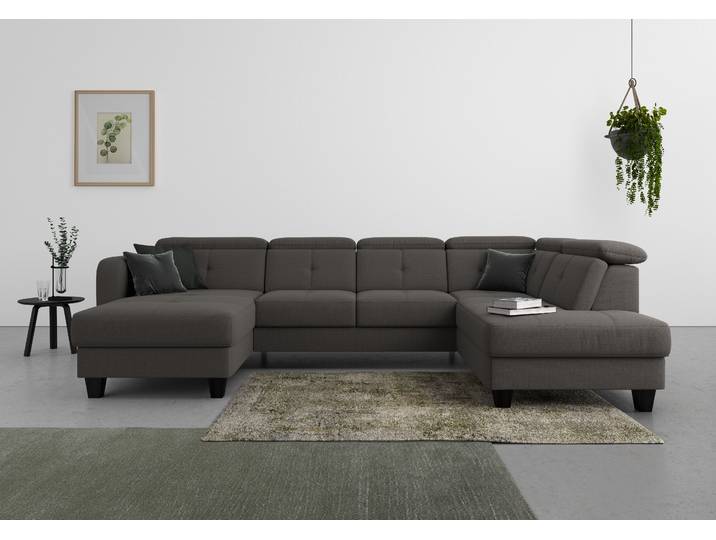 Wohnlandschaft, Struktur weich, Dunkelgrau, 321×195 cm, U-Form, Kopfteilverstellung, SIT & MORE