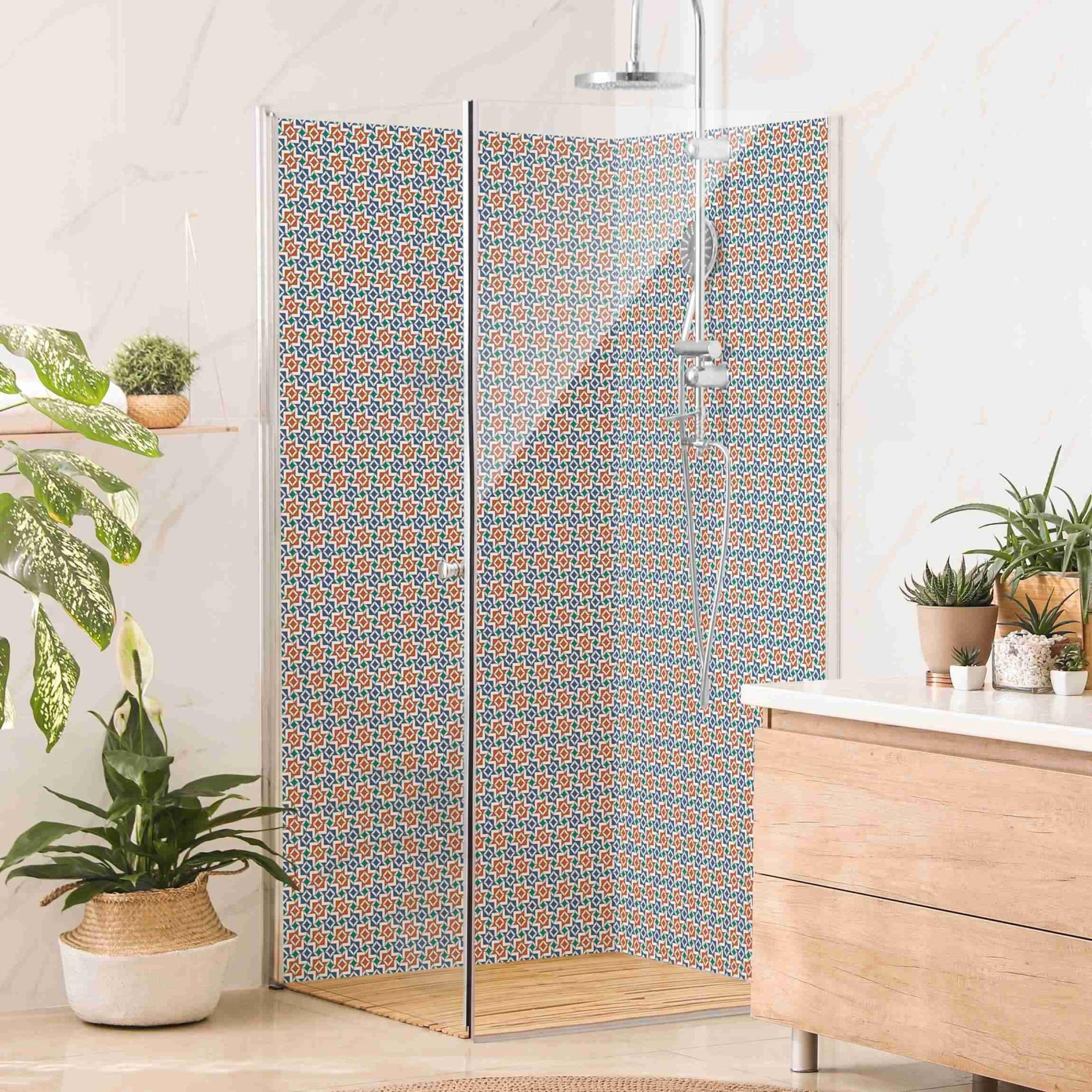 Duschrückwand Muster selbstklebend - 0.61 mm Wandpaneel wasserfest Design rot Fliesenoptik Illustration Badrückwand fugenlos Premium matt 100x190 cm