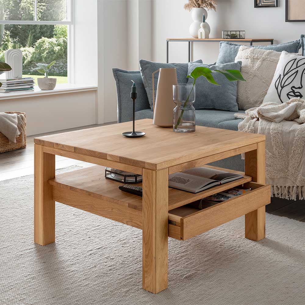 Pharao24.de Eiche massiv Couchtisch in modernem Design einer Schublade
