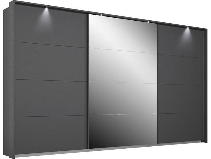 Schwebetürenschrank, Grau, 368x213x64 cm, Holzwerkstoff, 3 Türen & Beleuchtung, Modern, Rauch